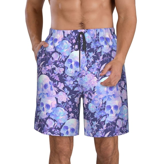 Logiee flower crystal Skull Print Mens Swim Trunks Quick Dry Board Shorts,Breathable Hawaii Beach Shorts Swimwear Bathing Suits-Large