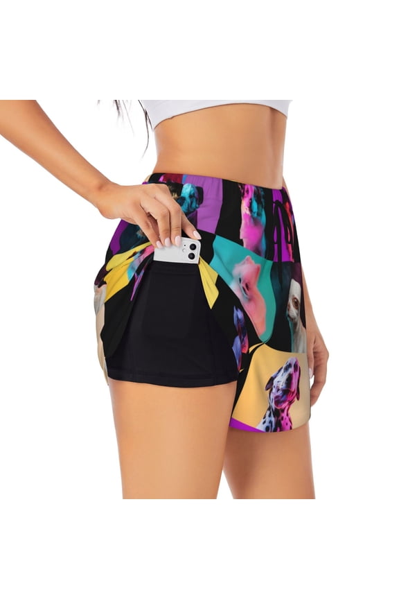funny dogs Print Women 2 in 1 Running Shorts,High Waisted Athletic Shorts,Gym Workout Shorts with Liner Pockets-Medium
