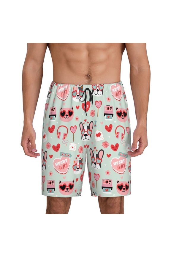 funny dogs and love Print Men's Pajama Shorts with Drawstring & Pockets,Sleep Shorts for Men,Sleepwear Bottoms,Elastic Waistband Loungewear-Small