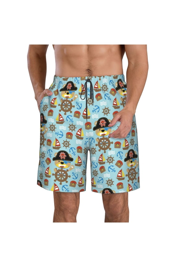 funny pirate Print Mens Swim Trunks Quick Dry Board Shorts,Breathable Hawaii Beach Shorts Swimwear Bathing Suits-Large