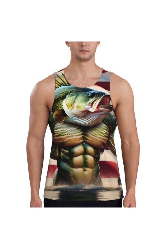 giant bass with big muscles Print Men's Workout Tank Top,Quick Dry Workout Tank Top,Gym Muscle Tee,Fitness Bodybuilding Sleeveless T Shirt-Large