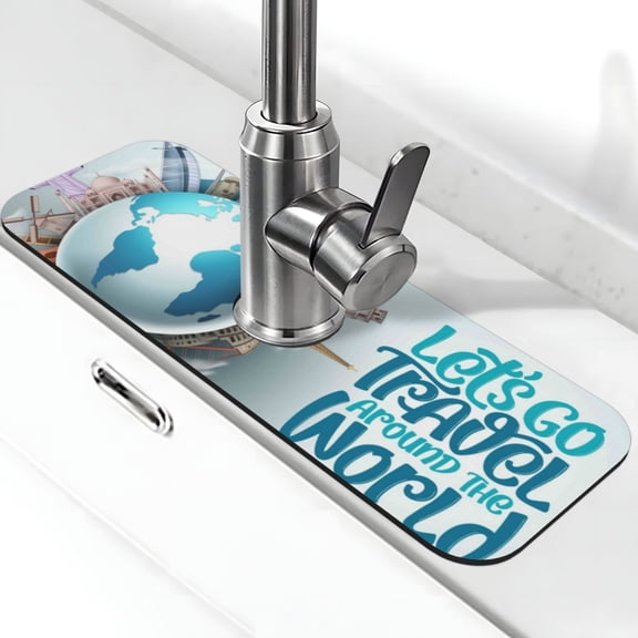 Logiee Let's go Travel Around the World Print Kitchen Sink Splash Guard Faucet Mat for Splash Guard Behind Faucet Drip Catcher for Kitchen,Bathroom,Sink Mat,Dish Drying Mat,Bathroom-15" X 5.5"