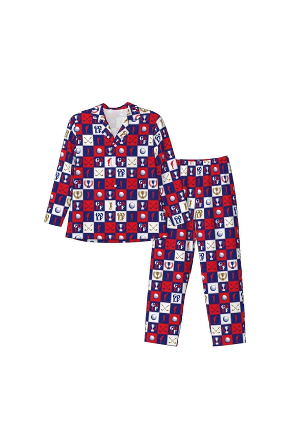golf Print Mens Long Sleeve Pajama Set,Notched Collar Pajamas for Men, Men's Sleepwear,Mens Sleepwear with Pockets & Button Down-Large
