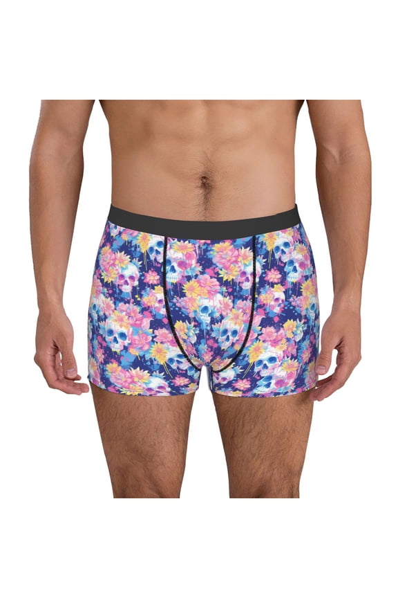 graffiti style Skull flower Print Mens Boxer Briefs,Boxer Briefs for Men,Breathable Stretch Underwear,Boys Boxer Briefs-Large