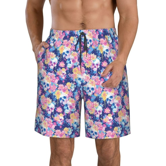 Logiee graffiti style Skull flower Print Mens Swim Trunks Quick Dry Board Shorts,Breathable Hawaii Beach Shorts Swimwear Bathing Suits-X-Large
