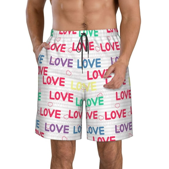 Logiee gray stripes and hearts Print Mens Swim Trunks Quick Dry Board Shorts,Breathable Hawaii Beach Shorts Swimwear Bathing Suits-X-Large