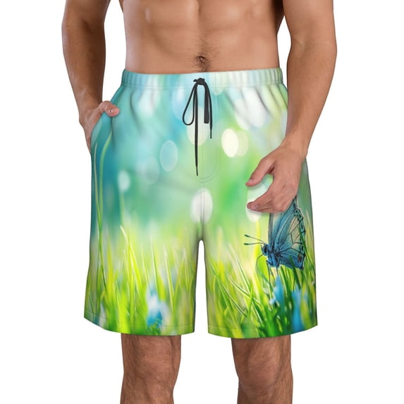 Logiee green grass and butterfly Print Mens Swim Trunks Quick Dry Board Shorts,Breathable Hawaii Beach Shorts Swimwear Bathing Suits-Medium