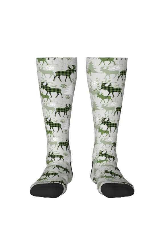 green plaid Moose tree Print Gift Stocking Stuffers,Adult Stockings,Novelty Socks,Funny Socks Birthday Running Walking Sleeping