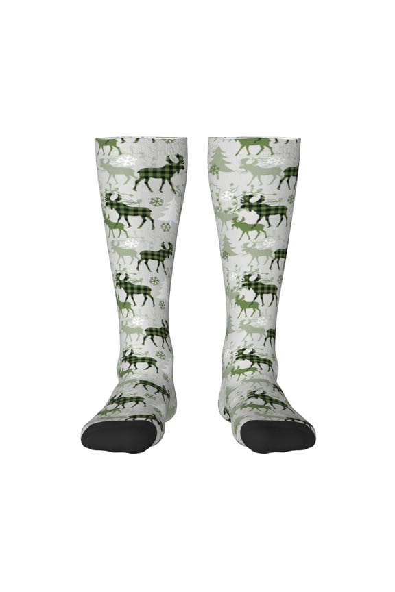 green plaid Moose tree Print Gift Stocking Stuffers,Adult Stockings,Novelty Socks,Funny Socks Birthday Running Walking Sleeping