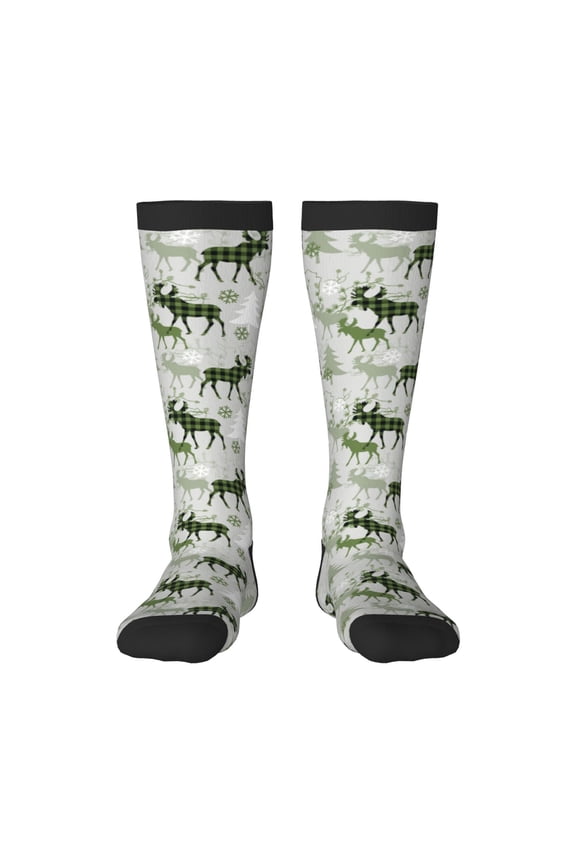 green plaid Moose tree Print Gift Stocking Stuffers,Adult Stockings,Novelty Socks,Funny Socks Birthday Running Walking Sleeping