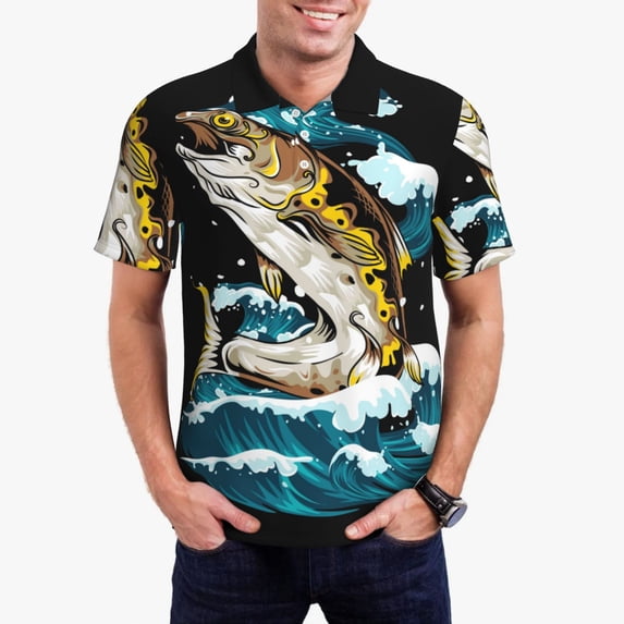 Logiee green salmon fish Print Mens Polo Shirts,Mens Golf Polo Shirts,Short Sleeve Casual Polo Shirts for Men,Summer Fashion Beach Shirts-Large
