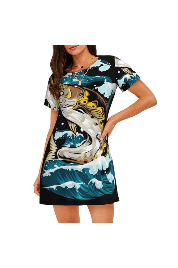 green salmon fish Print Nightgowns for Women,Soft Short-Sleeved Lightweight Sleepwear, Loose Sleepshirts