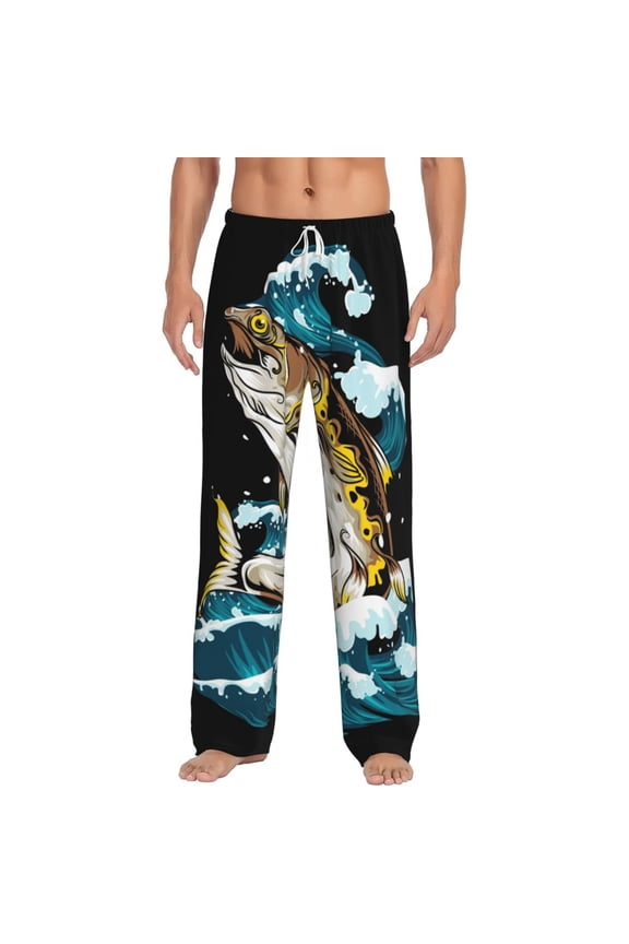 green salmon fish Print Pajama Pants for Men,Men’s Pajama Bottoms,Mens PJ Pants with Pockets & Button Fly-3X-Large
