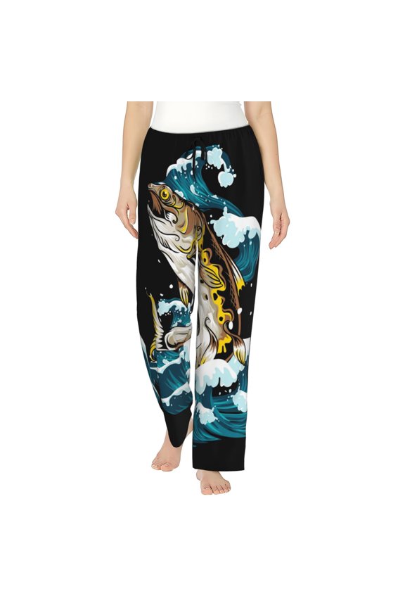 green salmon fish Print Women Pajama Pants,Comfy Pj Bottom with Pockets & Drawstring,Stretch Casual Sleepwear-Medium