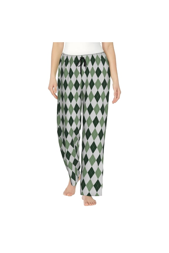 grey and green argyle Print Women Pajama Pants,Comfy Pj Bottom with Pockets & Drawstring,Stretch Casual Sleepwear-Medium