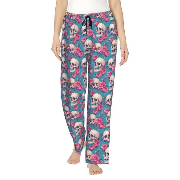 Logiee happy Skull rose Print Women Pajama Pants,Comfy Pj Bottom with Pockets & Drawstring,Stretch Casual Sleepwear-Large