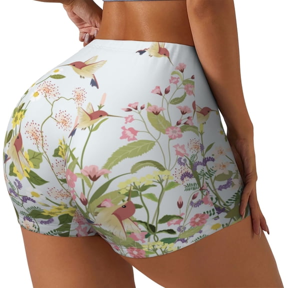 Logiee hummingbird in floral Print Women's Biker Shorts,Workout Gym Shorts,Scrunch Shorts,Tummy Control Hidden Scrunch Running Yoga Shorts-Large
