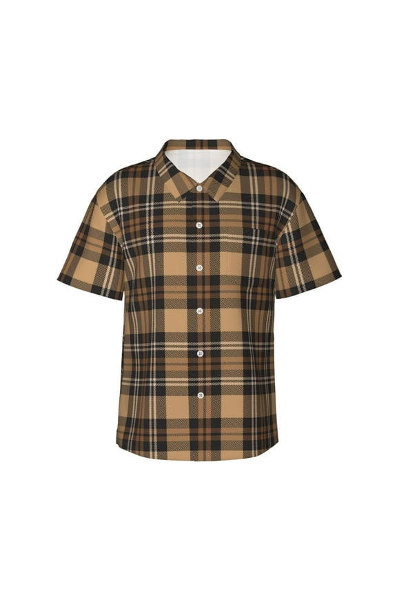 khaki coffee plaid Print Mens Hawaiian Shirts,Loose-Fit Short Sleeve Button Down Tropical Aloha Beach Shirt,Summer Vacation Wedding Tops,Large