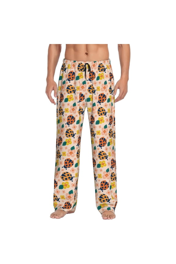 ladybug and flower Print Pajama Pants for Men,Men’s Pajama Bottoms,Mens PJ Pants with Pockets & Button Fly-Medium