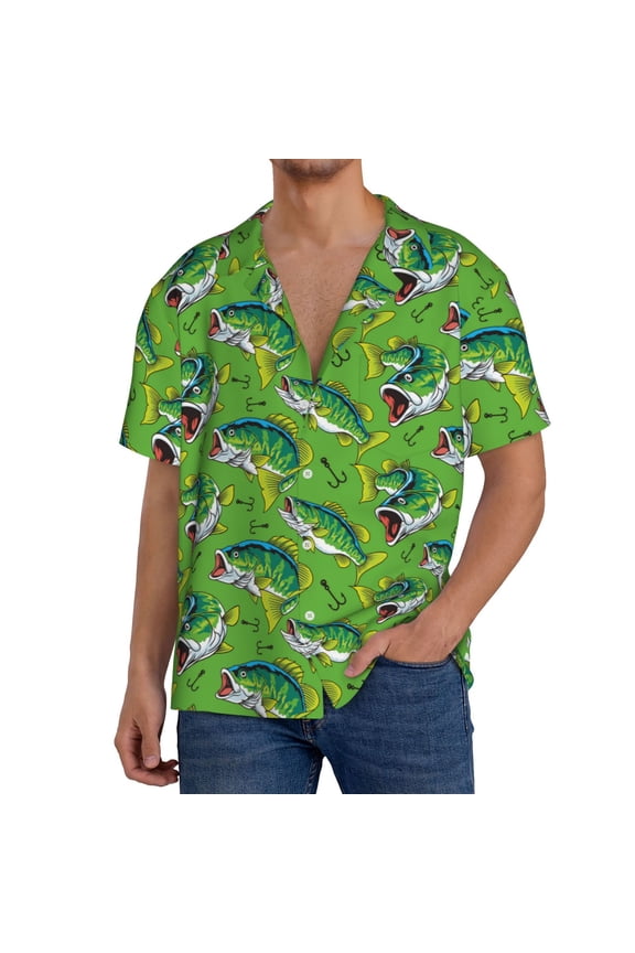 large mouth green color bass fish Print Men's Button Down Shirts Short Sleeve, Summer Beach Shirts,Vacation Wedding Shirts,Men's Casual Button-Down Shirts with Pocket-Large