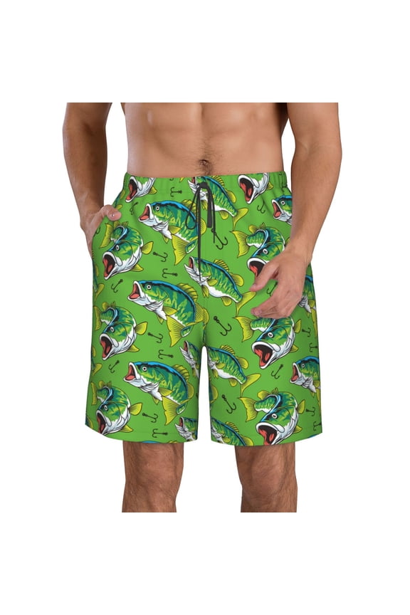 large mouth green color bass fish Print Mens Swim Trunks Quick Dry Board Shorts,Breathable Hawaii Beach Shorts Swimwear Bathing Suits-Large