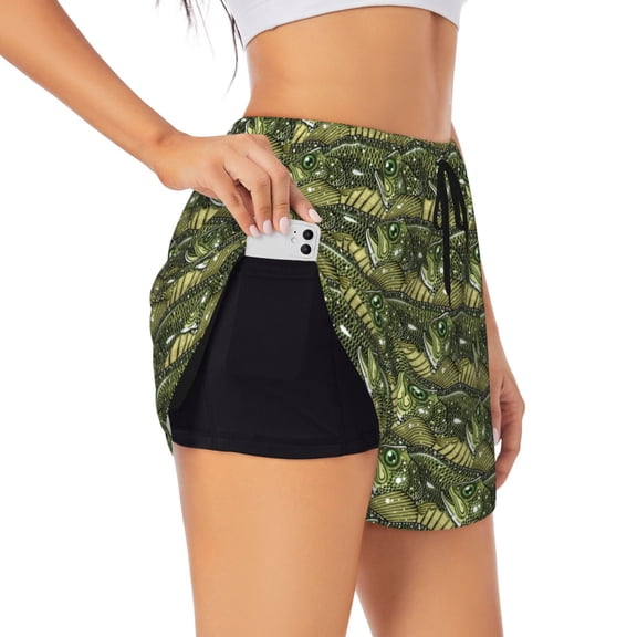 Logiee largemouth bass Print Women 2 in 1 Running Shorts,High Waisted Athletic Shorts,Gym Workout Shorts with Liner Pockets-Large