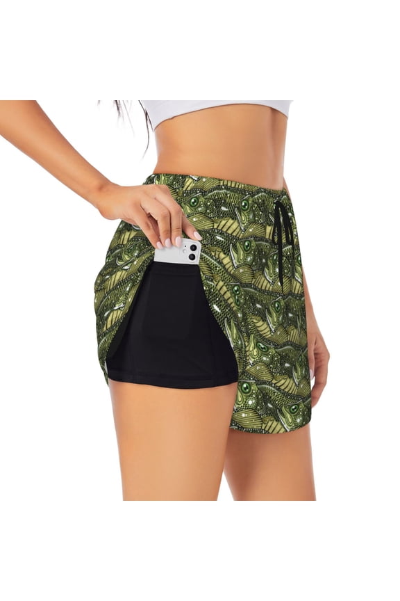 largemouth bass Print Women 2 in 1 Running Shorts,High Waisted Athletic Shorts,Gym Workout Shorts with Liner Pockets-Large