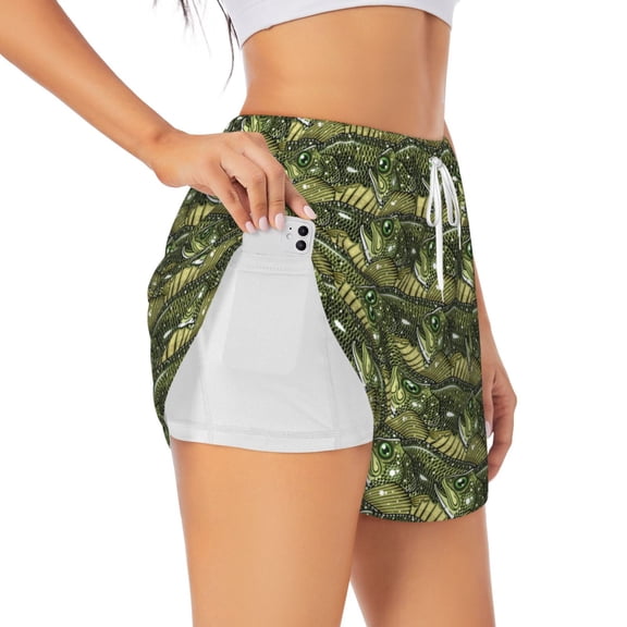 Logiee largemouth bass Print Women 2 in 1 Running Shorts,High Waisted Athletic Shorts,Gym Workout Shorts with Liner Pockets-XX-Large