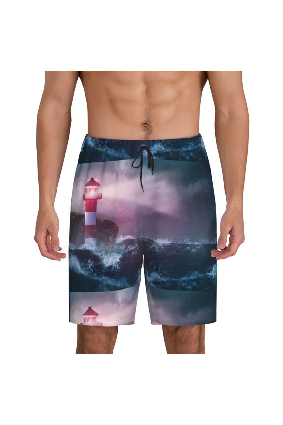 lighthouse Waves Torrential Rain Print Men's Pajama Shorts with Drawstring & Pockets,Sleep Shorts for Men,Sleepwear Bottoms,Elastic Waistband Loungewear-Small