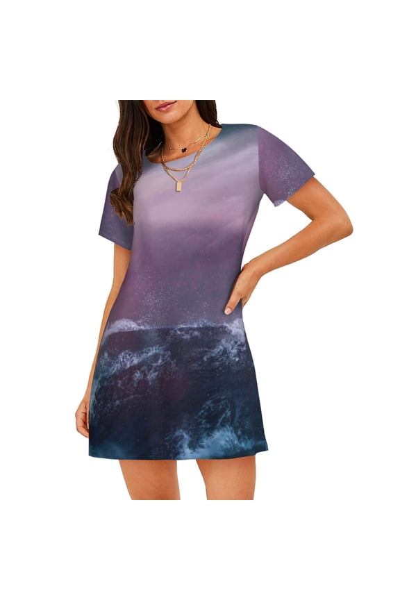 lighthouse Waves Torrential Rain Print Nightgowns for Women,Soft Short-Sleeved Lightweight Sleepwear, Loose Sleepshirts