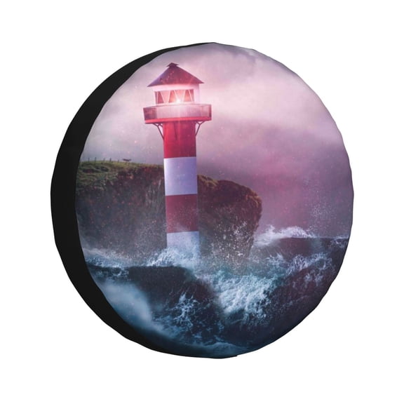 Logiee lighthouse Waves Torrential Rain Print Spare Tire Cover, Universal Wheel Protectors,Waterproof Dust-Proof UV Sun Wheel Tire Cover,Fit for SUV, RV, Travel Trailer, Truck-15 inch