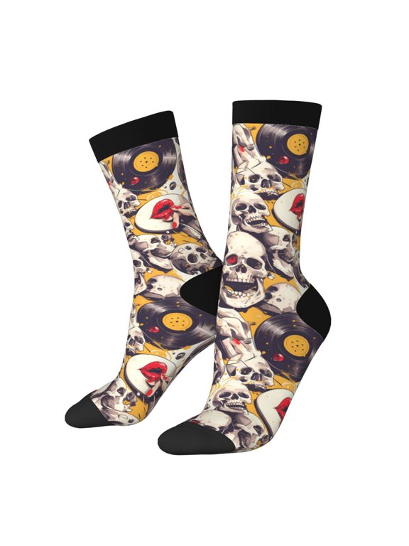 lips record rock Skull Print Adult Socks for Men & Women,Calf Socks, Ankle Socks,Boots Socks,Breathable Casual Sock,Unisex Crew Socks