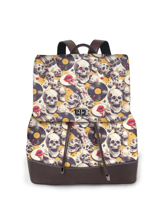 Logiee lips record rock Skull Print Backpack Purse for Women,Fashion Leather Backpack Purse,Women's Leather Backpack for Work College Travel
