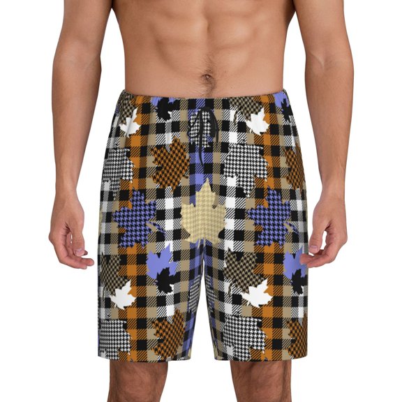Logiee maple leaves Houndstooth Print Men's Pajama Shorts with Drawstring & Pockets,Sleep Shorts for Men,Sleepwear Bottoms,Elastic Waistband Loungewear-Large