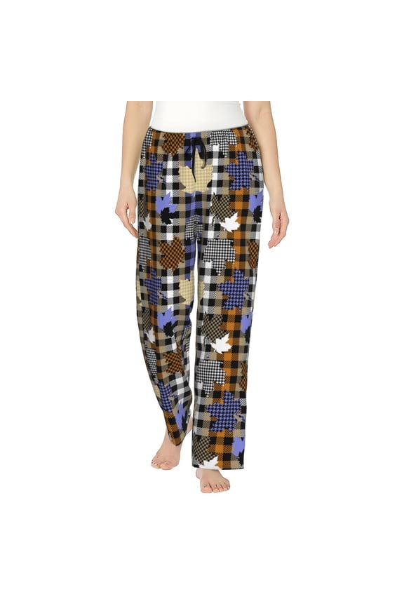 maple leaves Houndstooth Print Women Pajama Pants,Comfy Pj Bottom with Pockets & Drawstring,Stretch Casual Sleepwear-Large