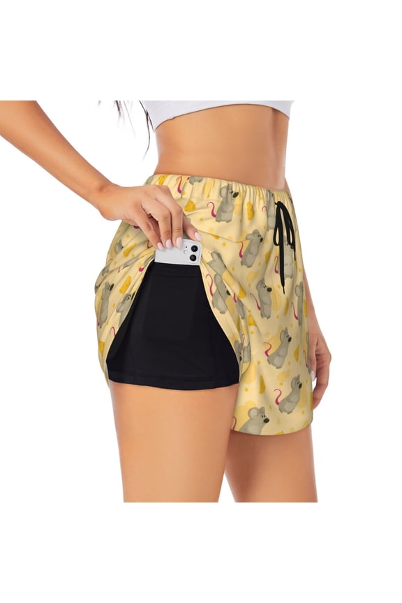 mouse and cheese Print Women 2 in 1 Running Shorts,High Waisted Athletic Shorts,Gym Workout Shorts with Liner Pockets-Large