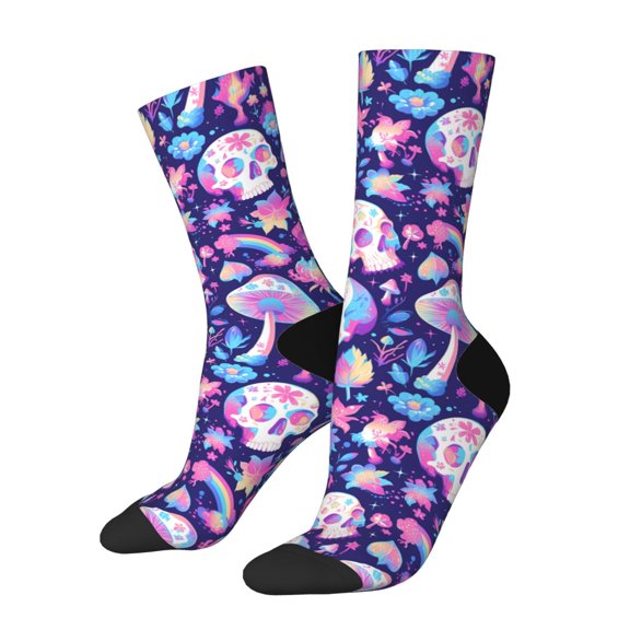 Logiee mushroom rainbow Skull cartoon Print Adult Socks for Men & Women,Calf Socks, Ankle Socks,Boots Socks,Breathable Casual Sock,Unisex Crew Socks