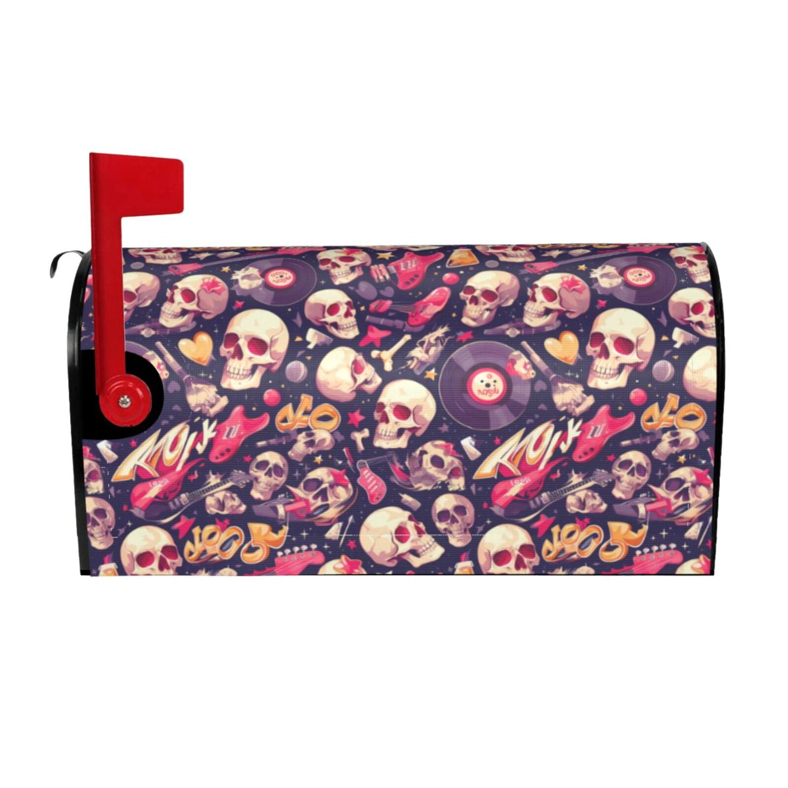 Logiee music Skull record Guitar Print Post Letter Box Wrap Decor, Mailbox Cover Suitable for Standard Mailbox and Large Size Mailbox,Outdoor Yard Decoration-25.5x21 in