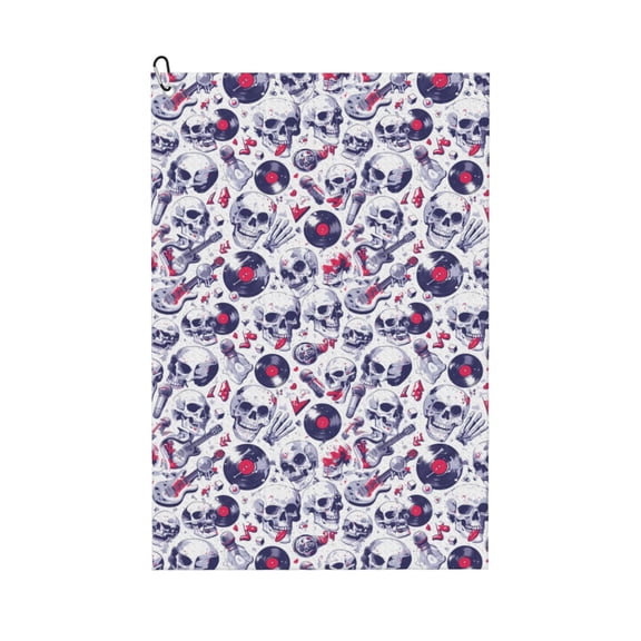 Logiee music Skull record mike Print Golf Towels,16" x 24" Portable Golf Towel for Golf Bag with Carabiner Clip to Quickly Remove Sand,Mud and Sweat