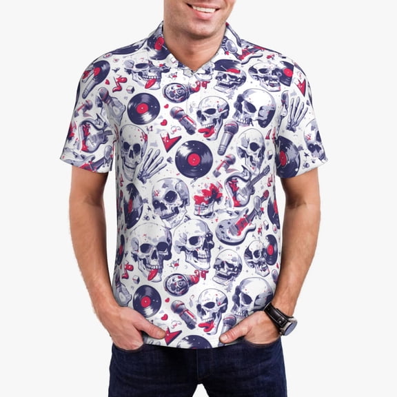 Logiee music Skull record mike Print Mens Polo Shirts,Mens Golf Polo Shirts,Short Sleeve Casual Polo Shirts for Men,Summer Fashion Beach Shirts-Small
