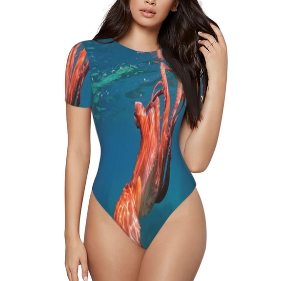 Logiee octopus swimming Print Women's Short Sleeve Bodysuit,Crew Neck Soft Comfortable Fit Sexy Top,Body Suit Shirts,Short Sleeve T-Shirts-X-Large