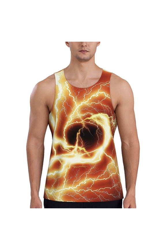 orange lightning Print Men's Workout Tank Top,Quick Dry Workout Tank Top,Gym Muscle Tee,Fitness Bodybuilding Sleeveless T Shirt-3X-Large