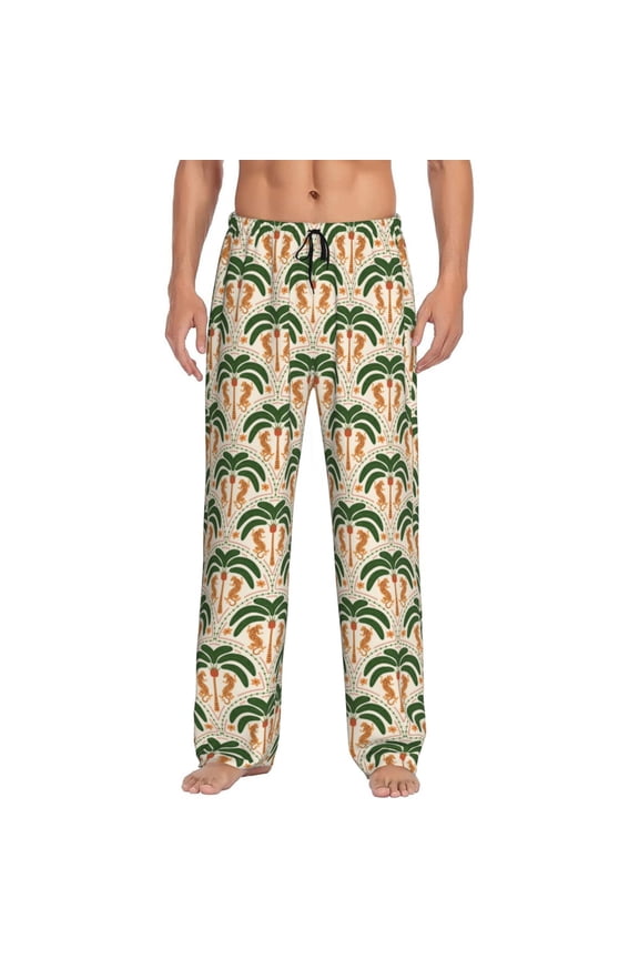 palm tree Asian leopard Print Pajama Pants for Men,Men’s Pajama Bottoms,Mens PJ Pants with Pockets & Button Fly-Large