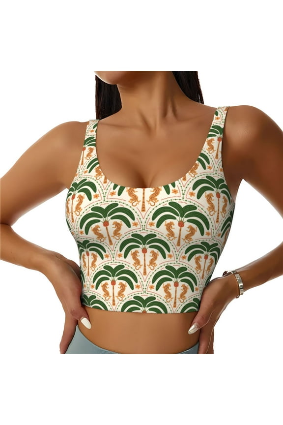 palm tree Asian leopard Print Workout Crop Tank Top for Women,Yoga Tank Tops,Athletic Vest,Exercise Undershirts,Sports Bra-Medium