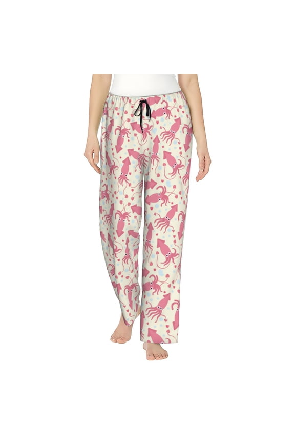 pink Octopus Print Women Pajama Pants,Comfy Pj Bottom with Pockets & Drawstring,Stretch Casual Sleepwear-Medium