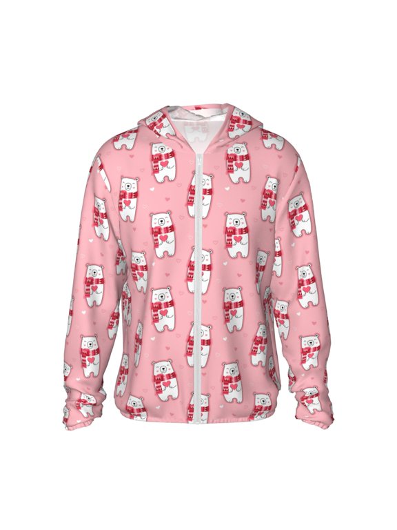 pink Scarf bear Print Men's Women Light Jacket Full Zip Sun Protection Hoodie Long Sleeve Sun Shirts for Men Hiking Fishing Zip Pockets-Medium