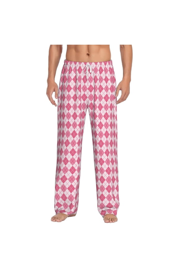 pink argyle Print Pajama Pants for Men,Men’s Pajama Bottoms,Mens PJ Pants with Pockets & Button Fly-Medium
