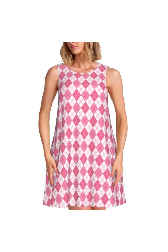 pink argyle Print Summer Dresses for Women,Beach Sleeveless Flowy Pocket Tshirt Tank Sundresses,Women's Sleeveless Dress