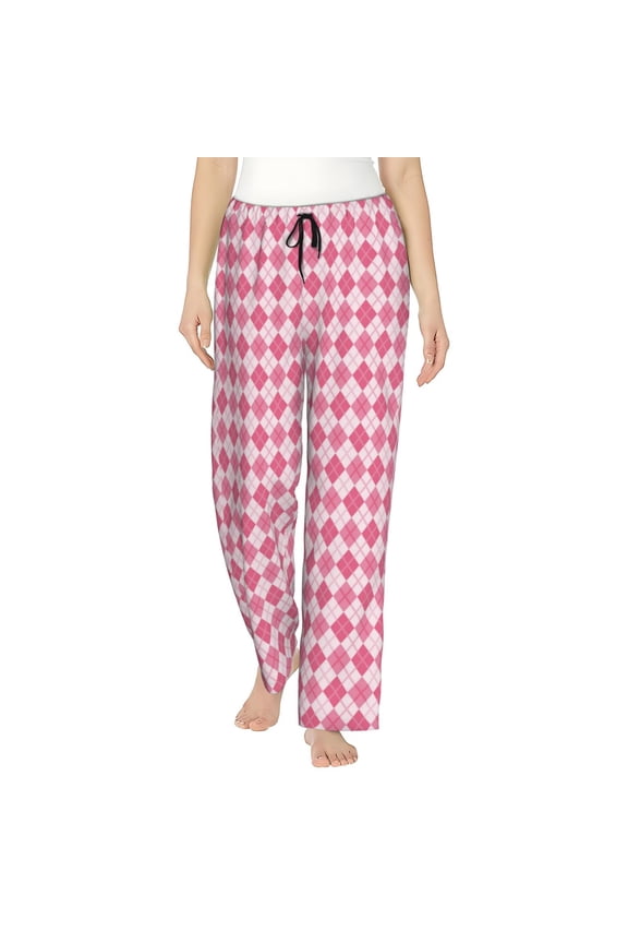 pink argyle Print Women Pajama Pants,Comfy Pj Bottom with Pockets & Drawstring,Stretch Casual Sleepwear-Small