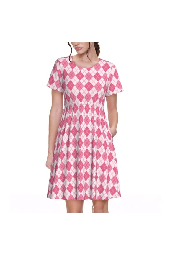 pink argyle Print Womens Summer Dress,Casual Short Sleeve Sundresses,Beach A-line Shift Dress with Pockets
